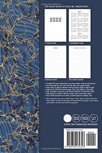 2022 Page-A-Day Diary / Monogram Marble Notebook / Blue Ginger Edition: Blank lined diary-notebook-journal for 2022 projects. One day per page, dated & ruled. Plus calendar, title and notes pages