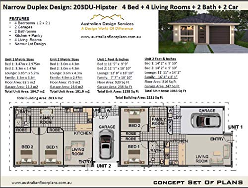 4 Bedroom Dual Family House Plan- 2x2 Duplex Floor Plan: Full Architectural Concept Home Plans includes detailed floor plan and elevation plans (Duplex Designs Floor Plans Book 2031) (English Edition)