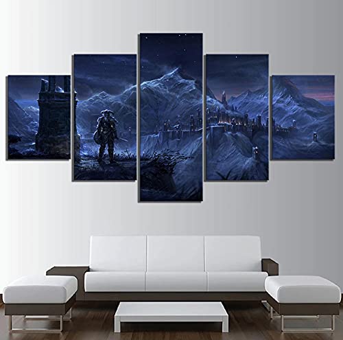 5 paneles con imágenes HD enmarcadas The Elder Scrolls V Skyrim Póster Vista nocturna Escena del juego Imágenes Pinturas en lienzo Arte de la pared Decoración del hogar 150x80cm
