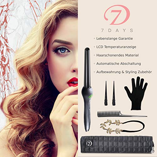7 Days Juego Hierro Rizador con Accesorios - Plancha 18 mm a 25 mm, Revestimiento de Cerámica, Pantalla LCD, Todos Tipos de Pelo (Negro)