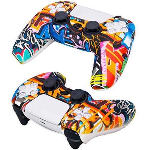 9CDeer 1 x Silicona Transferir Impresión Protector Grueso Cubrir Piel + 10 Apretones de Pulgar para Playstation 5 / PS5 / Dualsense Mando Pinturas de Dibujos Animados