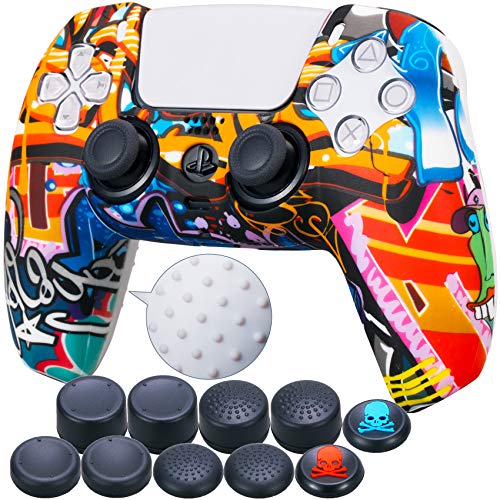 9CDeer 1 x Silicona Transferir Impresión Protector Grueso Cubrir Piel + 10 Apretones de Pulgar para Playstation 5 / PS5 / Dualsense Mando Pinturas de Dibujos Animados