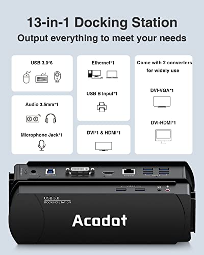 Acodot - Estación de acoplamiento universal para portátil USB 3.0, soporte de doble monitor compatible con Windows equipado con HDMI y DVI/VGA, Gigabit Ethernet, audio, 6 puertos USB…