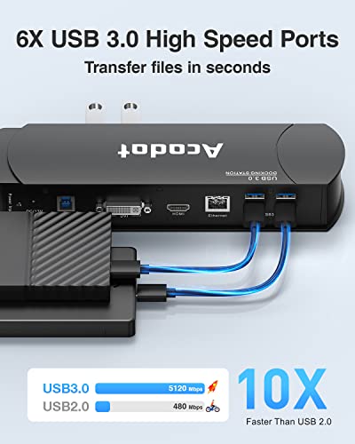 Acodot - Estación de acoplamiento universal para portátil USB 3.0, soporte de doble monitor compatible con Windows equipado con HDMI y DVI/VGA, Gigabit Ethernet, audio, 6 puertos USB…