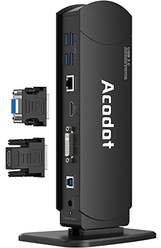Acodot - Estación de acoplamiento universal para portátil USB 3.0, soporte de doble monitor compatible con Windows equipado con HDMI y DVI/VGA, Gigabit Ethernet, audio, 6 puertos USB…
