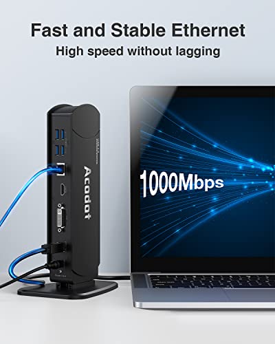 Acodot - Estación de acoplamiento universal para portátil USB 3.0, soporte de doble monitor compatible con Windows equipado con HDMI y DVI/VGA, Gigabit Ethernet, audio, 6 puertos USB…