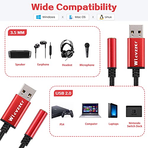 Adaptador de audio USB a conector de 3,5 mm, tarjeta de sonido estéreo con chip incorporado, adecuado para auriculares, PS4, PC, computadora portátil,computadoras de escritorio,altavoz (Rojo)