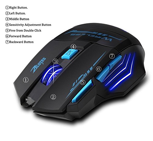AFUNTA Ratones Zelotes Wireless Gaming Mouse con 7 Botón DPI ajustable 600/1000/1600/2400 LED para PC Gamer Mac Computer