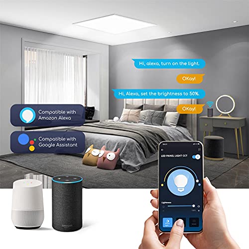Aigostar Panel LED inteligente WiFi， 32W， CCT. Regulable de luz cálida a blanca 3000 a 6500K， 3200lm， marco color blanco. Compatible con Alexa y Google Home. Panel cuadrado medidas: L595*W595*H25mm