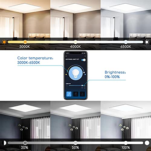 Aigostar Panel LED inteligente WiFi， 32W， CCT. Regulable de luz cálida a blanca 3000 a 6500K， 3200lm， marco color blanco. Compatible con Alexa y Google Home. Panel cuadrado medidas: L595*W595*H25mm