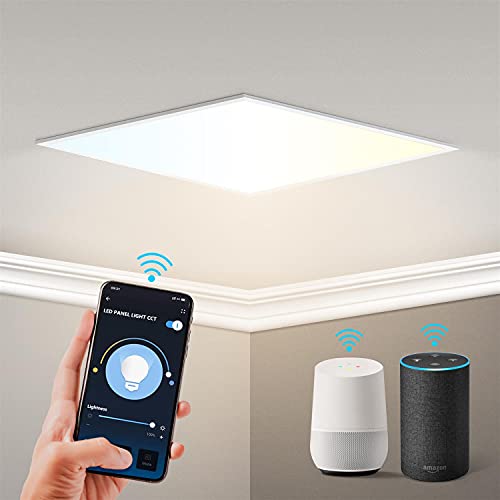 Aigostar Panel LED inteligente WiFi， 32W， CCT. Regulable de luz cálida a blanca 3000 a 6500K， 3200lm， marco color blanco. Compatible con Alexa y Google Home. Panel cuadrado medidas: L595*W595*H25mm