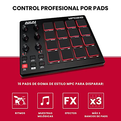 AKAI Professional MPD218 - Controlador de pads MIDI USB con 16 pads MPC y 6 knobs asignables para DAW, botones Note Repeat y Full Level, y software de producción