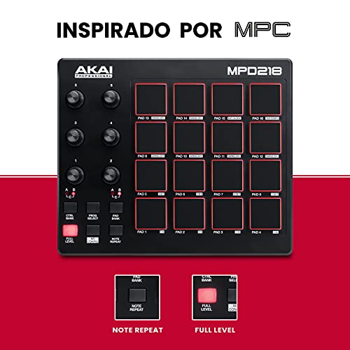 AKAI Professional MPD218 - Controlador de pads MIDI USB con 16 pads MPC y 6 knobs asignables para DAW, botones Note Repeat y Full Level, y software de producción