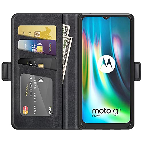 AKC Funda Compatible para Motorola Moto G9 Play/E7 Plus Carcasa Caja Case con Flip Folio Funda Cuero Premium Cover Libro Cartera Magnético Caso Tarjetero y Suporte-Negro