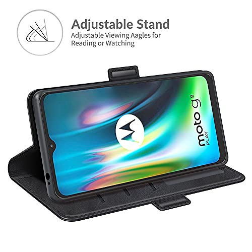 AKC Funda Compatible para Motorola Moto G9 Play/E7 Plus Carcasa Caja Case con Flip Folio Funda Cuero Premium Cover Libro Cartera Magnético Caso Tarjetero y Suporte-Negro