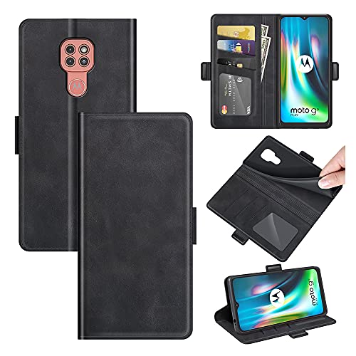 AKC Funda Compatible para Motorola Moto G9 Play/E7 Plus Carcasa Caja Case con Flip Folio Funda Cuero Premium Cover Libro Cartera Magnético Caso Tarjetero y Suporte-Negro