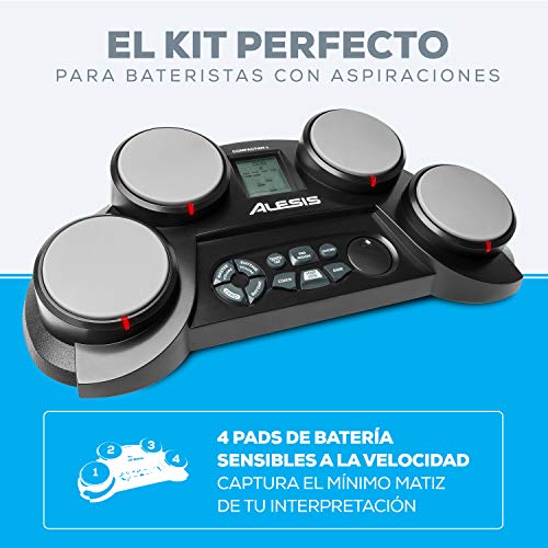 Alesis CompactKit 4 - Batería Electrónica de Sobremesa de 4 Pads Sensibles a la Velocidad, 70 Sonidos, Función de Entrenamiento y de Juego y Baquetas Incluidas, instrumento musical ideal para niños