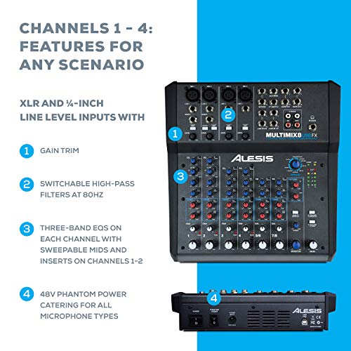 Alesis MultiMix 8 USB FX - Mezclador de estudio compacto de 8 canales con efectos incorporados e interfaz de audio USB para sonido en directo y grabación en estudio doméstico