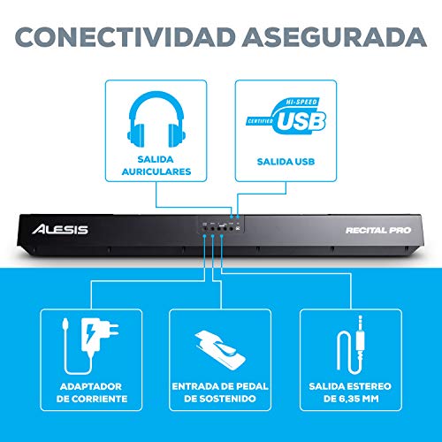 Alesis Recital Pro - Teclado Piano Eléctrico Digital con 88 Teclas de Acción Martillo, 12 Premium Voces y Altavoces incorporados