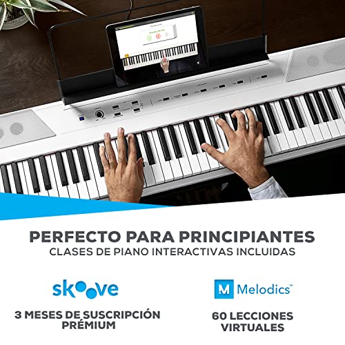 Alesis Recital White - Teclado de piano digital de color blanco con 88 teclas semi-contrapesadas de tamaño completo, fuente de alimentación, altavoces incorporados y 5 voces de primera calidad