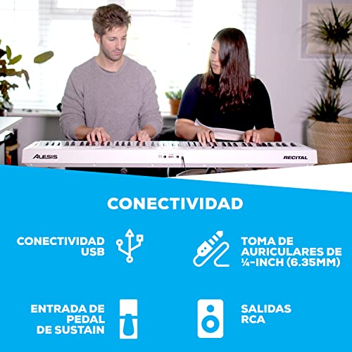 Alesis Recital White - Teclado de piano digital de color blanco con 88 teclas semi-contrapesadas de tamaño completo, fuente de alimentación, altavoces incorporados y 5 voces de primera calidad