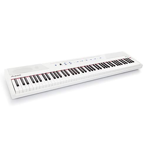 Alesis Recital White - Teclado de piano digital de color blanco con 88 teclas semi-contrapesadas de tamaño completo, fuente de alimentación, altavoces incorporados y 5 voces de primera calidad