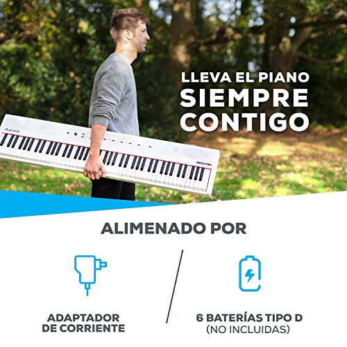 Alesis Recital White - Teclado de piano digital de color blanco con 88 teclas semi-contrapesadas de tamaño completo, fuente de alimentación, altavoces incorporados y 5 voces de primera calidad