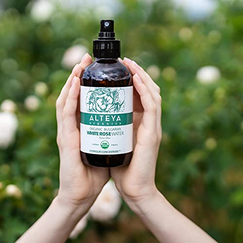 Alteya Botella de cristal orgánica de 240 ml de agua de rosas blancas, certificado por USDA, orgánico, puro, natural rosa, alba, destilada al vapor y vendida por el cultivador de rosa Alteya Organics