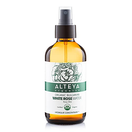 Alteya Botella de cristal orgánica de 240 ml de agua de rosas blancas, certificado por USDA, orgánico, puro, natural rosa, alba, destilada al vapor y vendida por el cultivador de rosa Alteya Organics