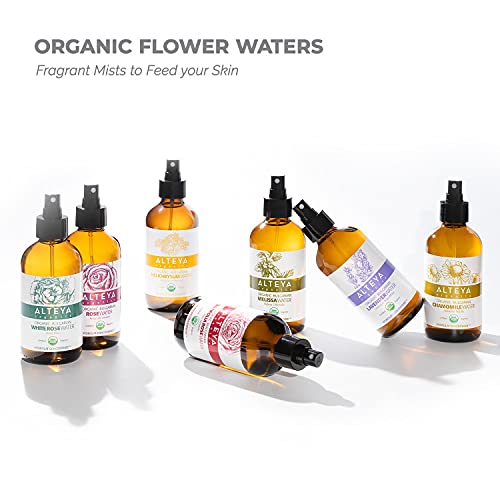 Alteya Botella de cristal orgánica de 240 ml de agua de rosas blancas, certificado por USDA, orgánico, puro, natural rosa, alba, destilada al vapor y vendida por el cultivador de rosa Alteya Organics