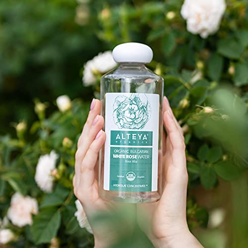 Alteya Organic agua floral rosa blanca 500 ml – botella grande - 100% USDA producto certificado puro autentico natural de rosa alba, destilado al vapor de flor recién cosechada y vendido directamente por el productor propio alteya organics, basado en el v