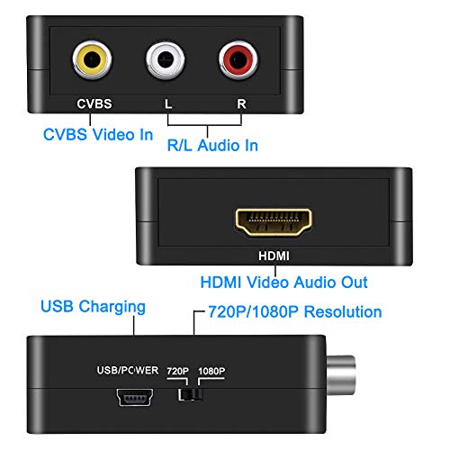 AMANKA Mini Conversor AV a HDMI Convertidor Compuesto RCA CVBS Transformar Señal Audio y Vídeo Adaptador Soporte PAL/NTSC Interruptor, Full HD 3D 1080P, Negro
