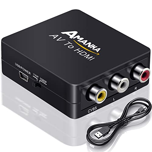 AMANKA Mini Conversor AV a HDMI Convertidor Compuesto RCA CVBS Transformar Señal Audio y Vídeo Adaptador Soporte PAL/NTSC Interruptor, Full HD 3D 1080P, Negro