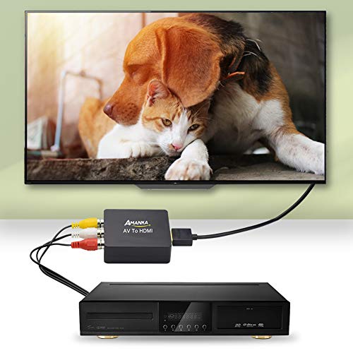 AMANKA Mini Conversor AV a HDMI Convertidor Compuesto RCA CVBS Transformar Señal Audio y Vídeo Adaptador Soporte PAL/NTSC Interruptor, Full HD 3D 1080P, Negro