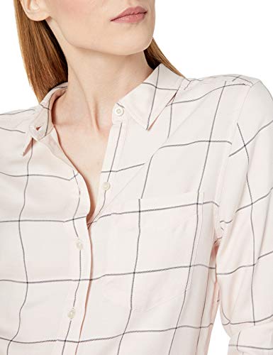 Amazon Brand - Daily Ritual Women's Soft Rayon Slub Twill Long-Sleeve Popover Tunic, Pink Shadow Windowpane , Large