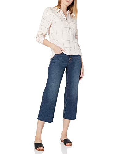 Amazon Brand - Daily Ritual Women's Soft Rayon Slub Twill Long-Sleeve Popover Tunic, Pink Shadow Windowpane , Large