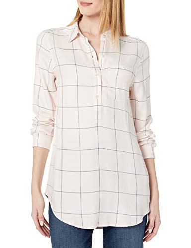 Amazon Brand - Daily Ritual Women's Soft Rayon Slub Twill Long-Sleeve Popover Tunic, Pink Shadow Windowpane , Large
