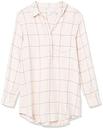 Amazon Brand - Daily Ritual Women's Soft Rayon Slub Twill Long-Sleeve Popover Tunic, Pink Shadow Windowpane , Large