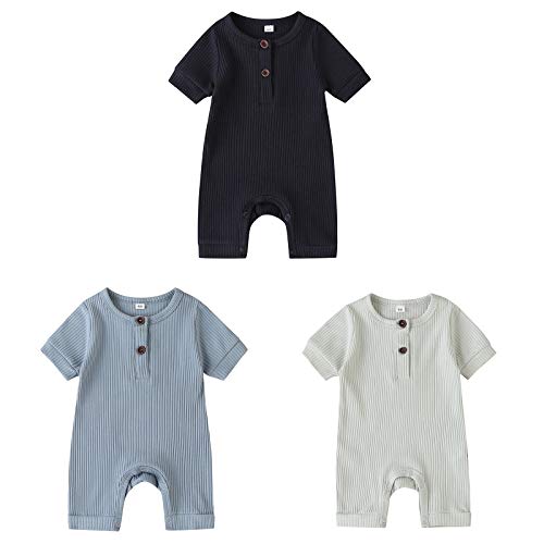amropi Bebé Niñas Mono Pack de 3 Peleles Niños Pijama Mameluco de Manga Corta 3-6 Meses,Azul/Blanco/Negro