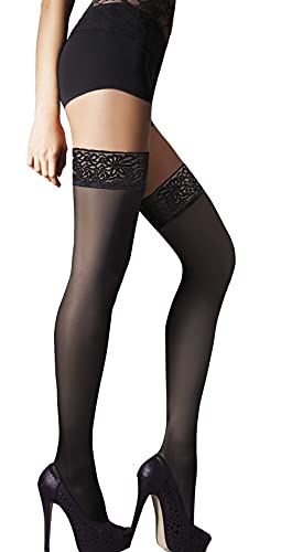 Annes styling Sila 40 Denier - Medias de nailon para mujer, con encaje y muslo, con silicona invisible, Nerón, Large