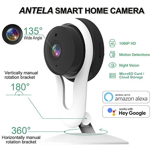ANTELA Cámaras Vigilancia Wifi 1080P Compatible Con Alexa, Cámara IP Wifi Interior Con Visión Nocturna, Audio Bidireccional, Detección De Movimiento, Ranura Para Memorias SD, Almacenamiento En La Nube