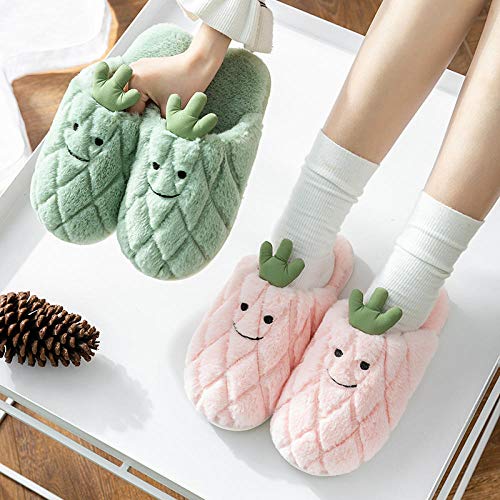 Antideslizante Pantuflas de Interior y Exterior Cálido y Confortable Zapatillas Fruit Lovely Pineapple Ladies Mujer Zapatillas de algodón-Green,35-36