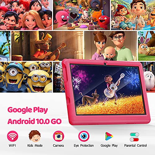 ANYWAY.GO 10.1 Pulgadas Tablet Niños, Android 10.0 Tablet Infantil, Pantalla IPS HD, 2GB + 32GB, QuadCore, Kidoz Preinstalado, WiFi, Bluetooth, Doble Cámara Tablet PC Juegos Educativos (Pink)