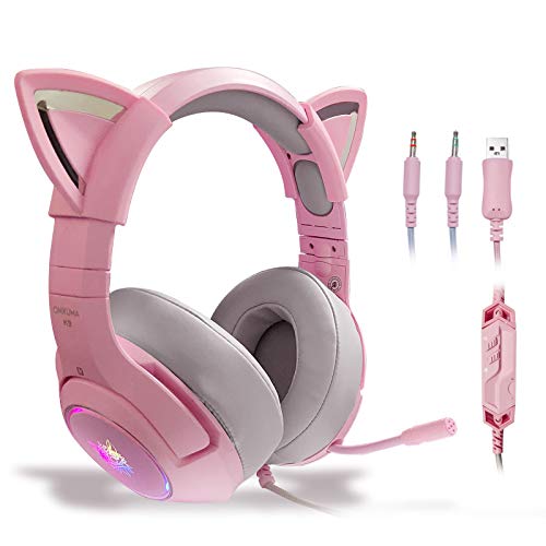 Auriculares para Juegos Adecuados para PC PS4 PS5 Xbox One,Micrófono Retráctil con Cancelación de Ruido Ajustable,Cascos Gaming con Sonido Envolvente 7.1 y Orejas de Gato Rosa Desmontables