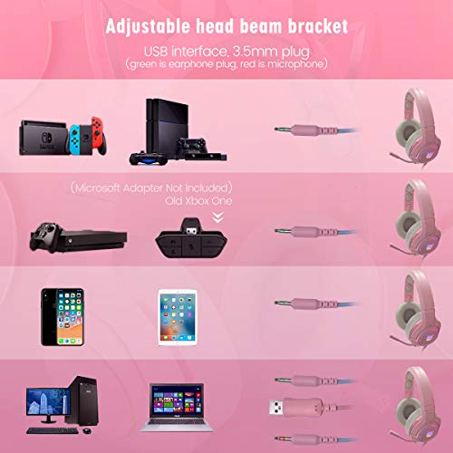 Auriculares para Juegos Adecuados para PC PS4 PS5 Xbox One,Micrófono Retráctil con Cancelación de Ruido Ajustable,Cascos Gaming con Sonido Envolvente 7.1 y Orejas de Gato Rosa Desmontables