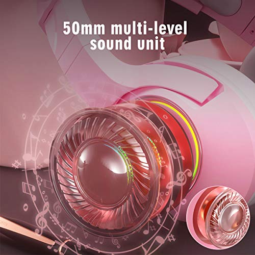 Auriculares para Juegos Adecuados para PC PS4 PS5 Xbox One,Micrófono Retráctil con Cancelación de Ruido Ajustable,Cascos Gaming con Sonido Envolvente 7.1 y Orejas de Gato Rosa Desmontables