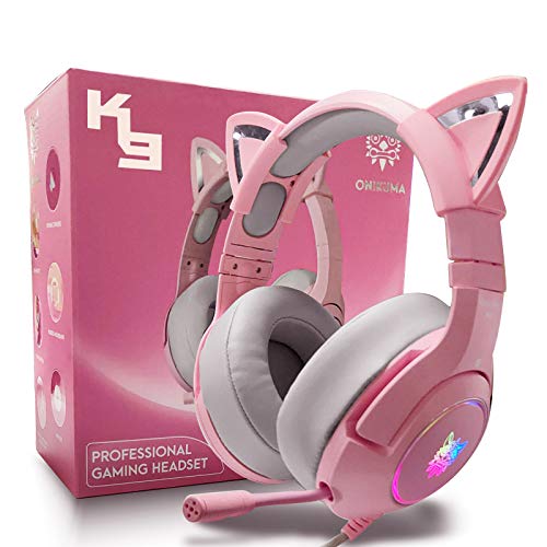 Auriculares para Juegos Adecuados para PC PS4 PS5 Xbox One,Micrófono Retráctil con Cancelación de Ruido Ajustable,Cascos Gaming con Sonido Envolvente 7.1 y Orejas de Gato Rosa Desmontables
