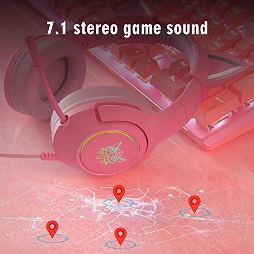 Auriculares para Juegos Adecuados para PC PS4 PS5 Xbox One,Micrófono Retráctil con Cancelación de Ruido Ajustable,Cascos Gaming con Sonido Envolvente 7.1 y Orejas de Gato Rosa Desmontables
