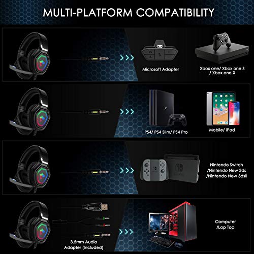 Auriculares para juegos estéreo de primera calidad con micrófono PS4 PC Xbox One, auriculares para juegos estéreo Mac Auriculares para juegos con bajos de 3,5 mm con luz LED