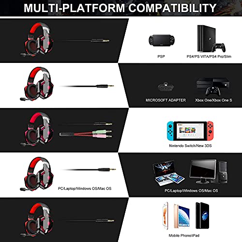 Auriculares PS4, PHOINIKAS Wired Gaming Kopfhörer für Xbox One, PC, Versión Mejorada Auriculares inalámbricos con Sonido Envolvente de Graves 7.1, Noise Cancelling-Mik, LED Licht - Red
